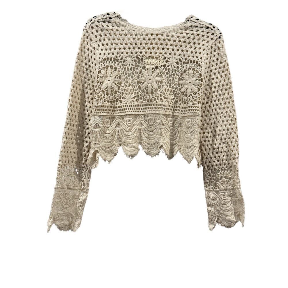 NWT Rebellion Cream Cotton Knit Crochet Crop Top: Size M Boho Fringe - Picture 6 of 11